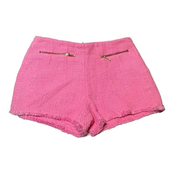 Zara Bouclé-Shorts Gold Zipper Closure XS Pink Structured Tweed Fringe Trim - Picture 2 of 7
